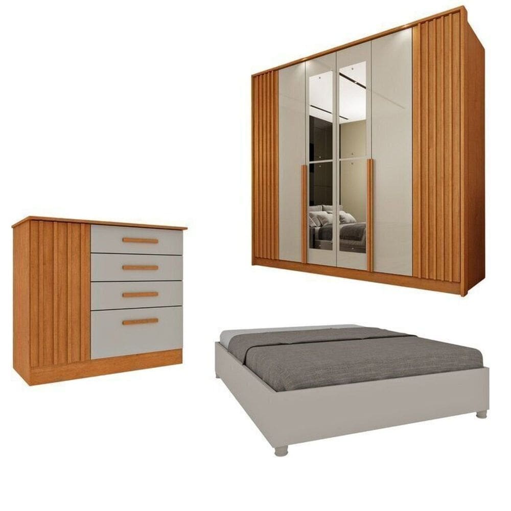 Quarto Completo 1 Guarda-Roupa com Espelho 1 Cômoda Ripado Nova York e 1 Cama Casal Mônaco Espresso Móveis Cinamomo/Off White