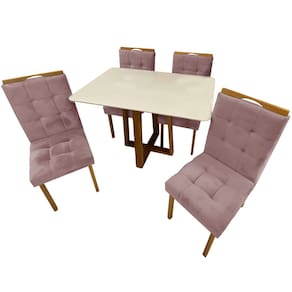 Mesa de Jantar Pedro 120x80cm com 4 Cadeiras Art Assentos Cor Off White com Assento Rose