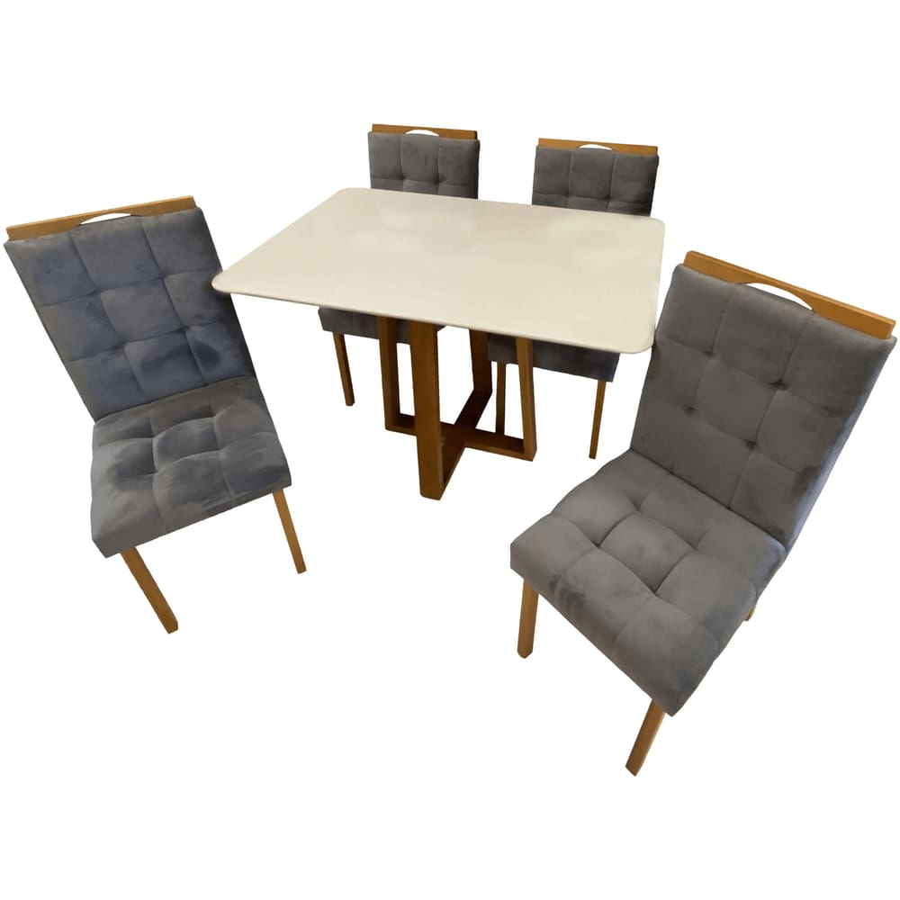 Mesa de Jantar Pedro 120x80cm em Linho com 4 Cadeiras Art Assentos Cor Off White com Assento Cinza