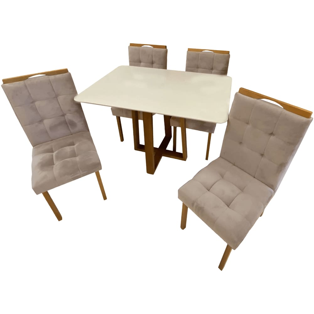 Mesa de Jantar Pedro 120x80cm em Linho com 4 Cadeiras Art Assentos Cor Off White com Assento Bege