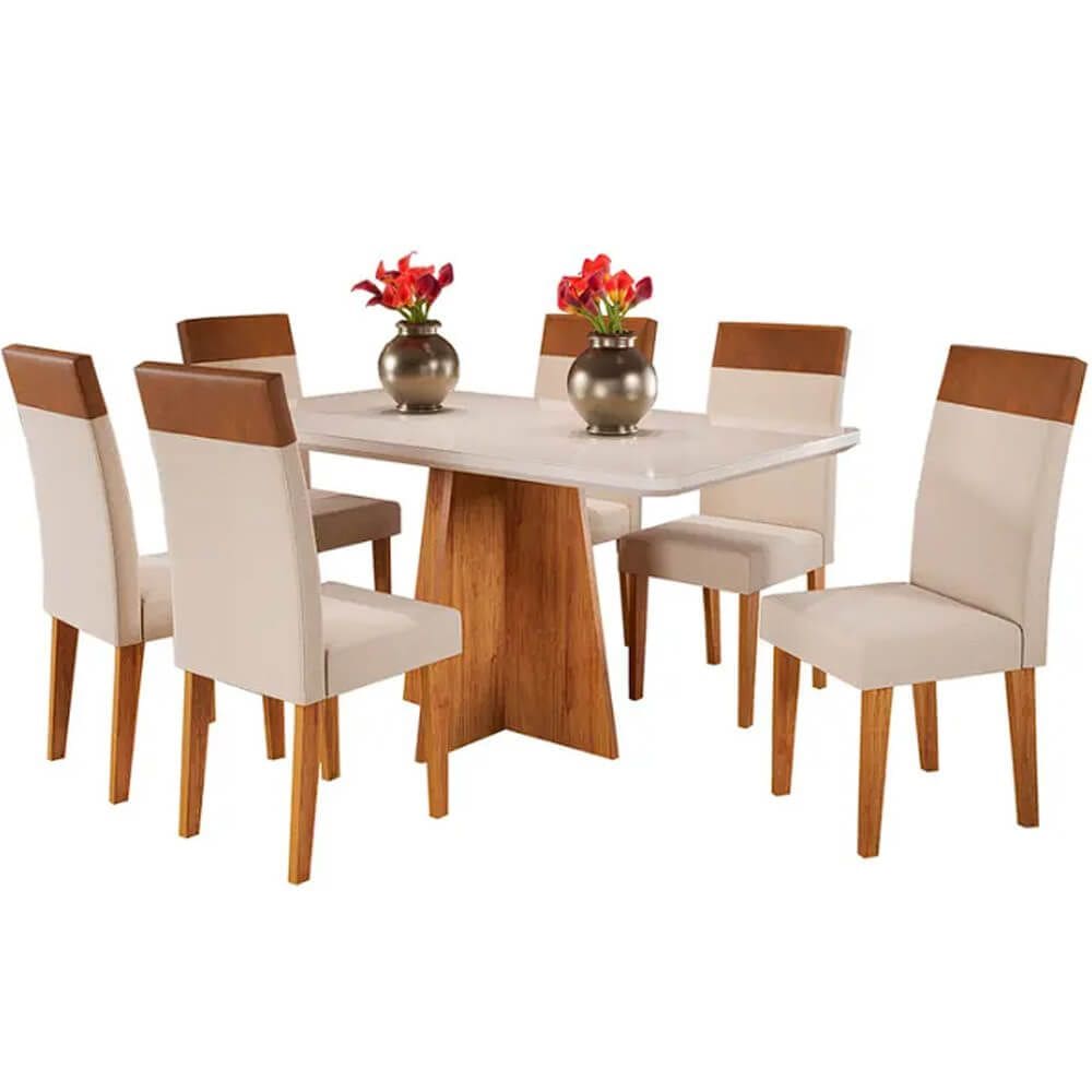 Mesa de Jantar Viena 160x90cm com 6 Cadeiras Turim Tecido Linho Viero Cor Off White com Tecido Bege