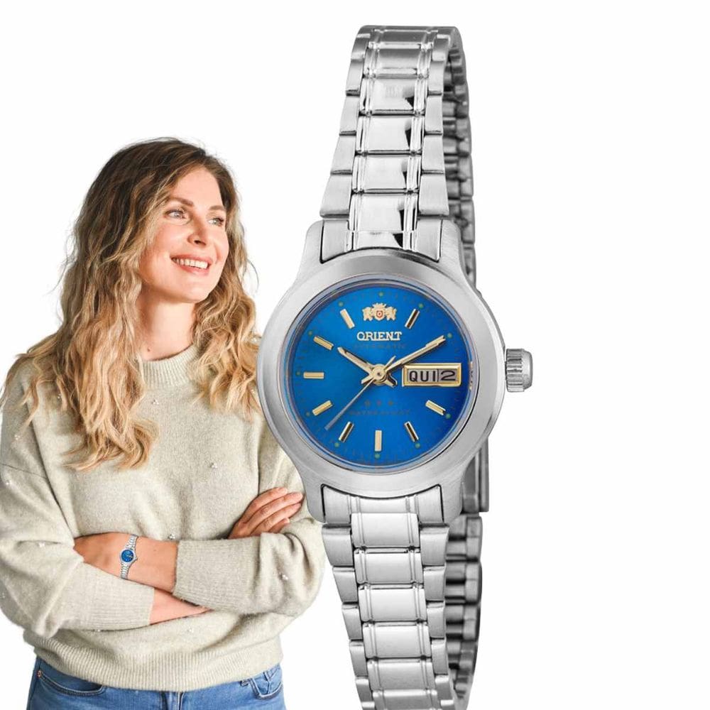 Relógio de Pulso Orient Feminino Pequeno Mini Redondo Casual Resistente Água Aço Inóx Automático Prata 559WA6NH A1SX