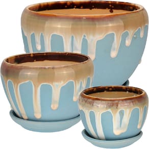 Jogo 3 Peças Vaso Cachepô Planta Home&Co Cerâmica Gelo