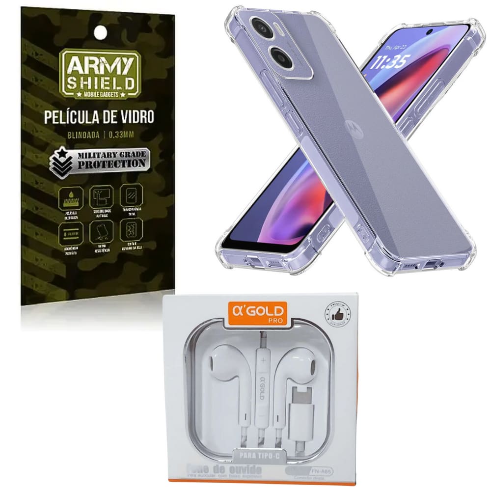 Kit Capinha AntiShock P/ Moto G75 + Fone Tipo-C + Pelicula 3D - Armyshield
