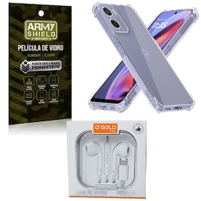 Kit Capinha AntiShock P/ Moto G55 + Fone Tipo-C + Pelicula 3D - Armyshield
