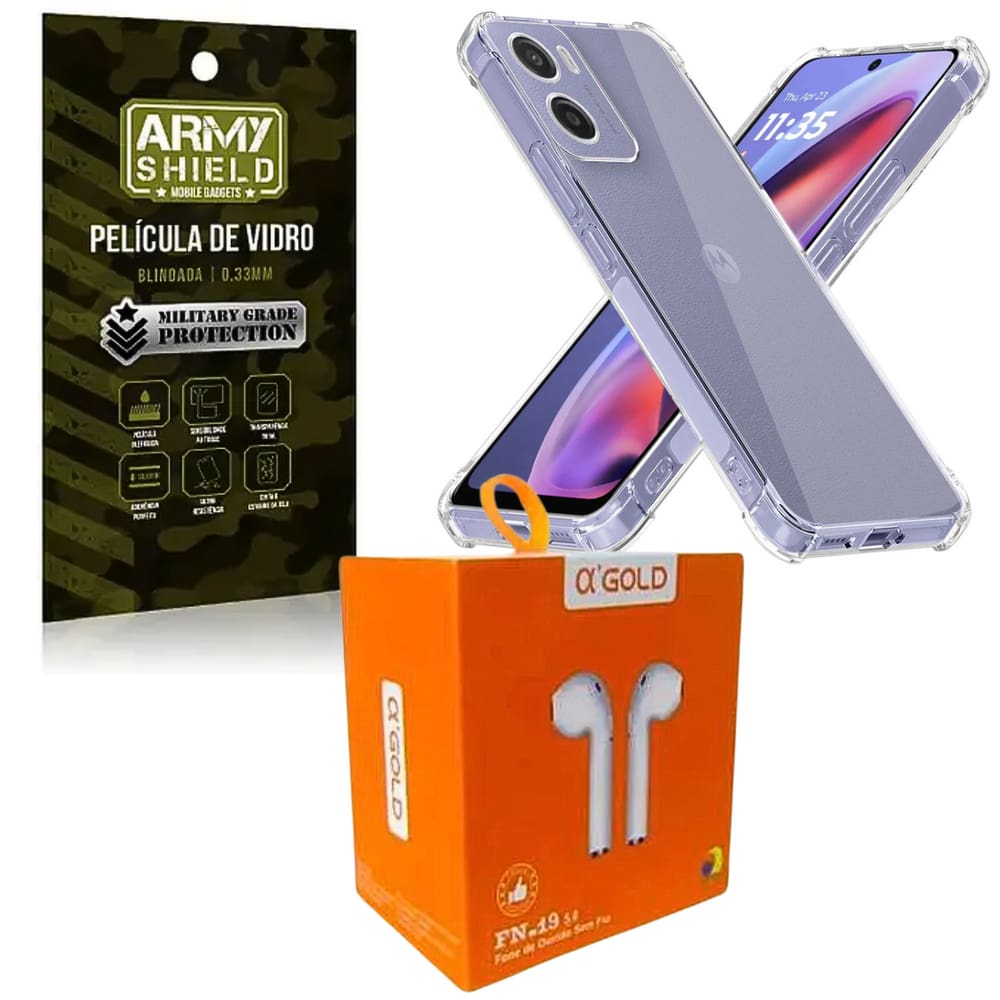 Kit Capinha AntiShock P/ Moto G75 + Fone Bluetooth + Pelicula 3D - ArmyShield