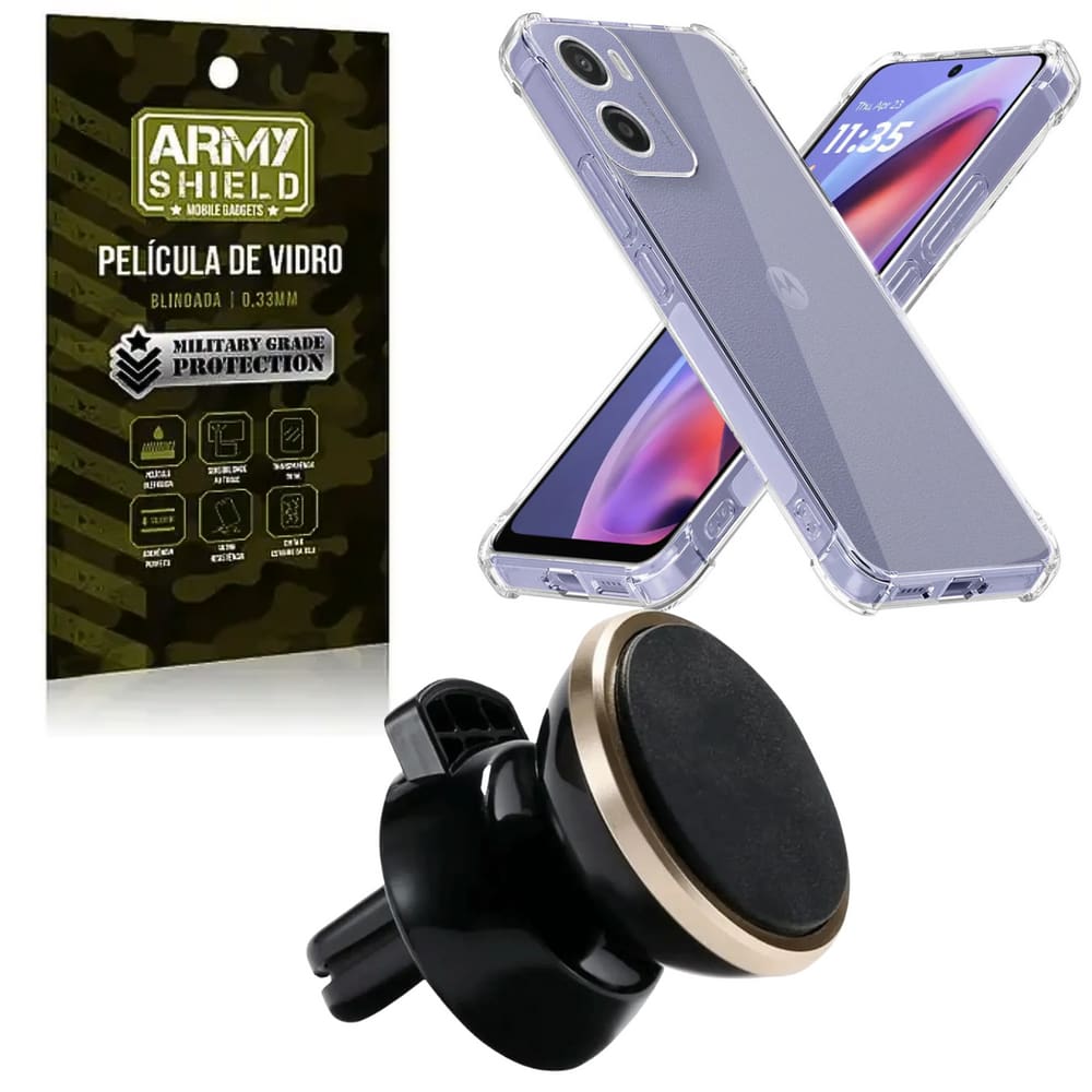 Kit Capinha AntiShock P/ Moto G75 + Suporte Magnético + Pelicula 3D - ArmyShield