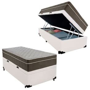 Cama Box Baú Solteiro Sintético + Colchão De Molas Ensacadas - SerenePrime - 88cm Branco