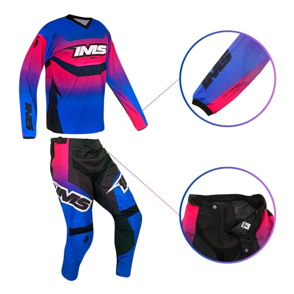 Conjunto Camisa Calça Ims Revo Extreme 2024 Motocross Trilha Velocross Azul/Rosa