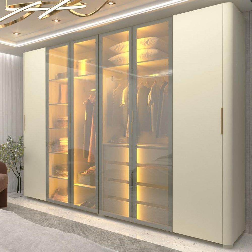 Guarda Roupa Casal com Vidro Reflecta LED e Pés 6 Portas 100 MDF Innova Gelius
