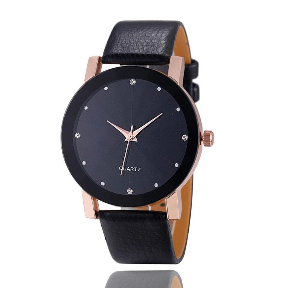 Relógio Luxo Feminino Casual Rosé Couro Sport Preto Intimes