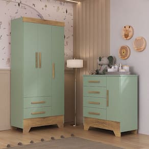 Quarto Infantil Guarda Roupa 3 Portas e Cômoda Catavento Rodial