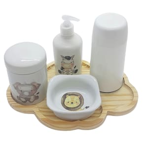 Kit higiene bebê 5 pçs Safari Bandeja Nuvem Garrafa térmica
