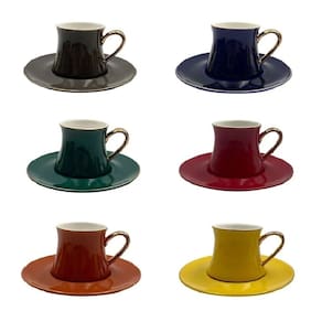 Cj 6 Xícaras P/Chá C/Pires de New Bone China Colorida C/Alça Dourada Galet 200ml L`Hermitage