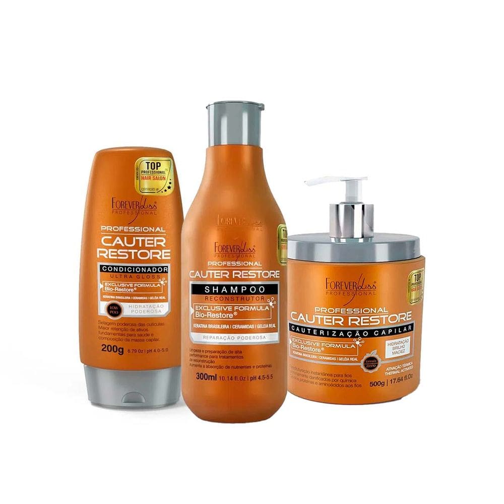 Kit Cauterização Shampoo Condicionador Máscara Forever Liss