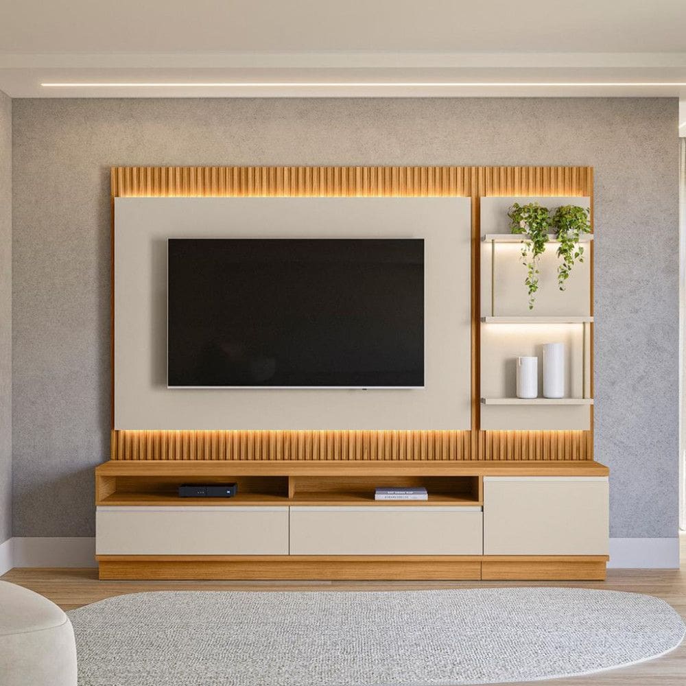 Estante Home para TV de até 70 Polegadas 1 Porta 2 Gavetas Ripado LED Linea