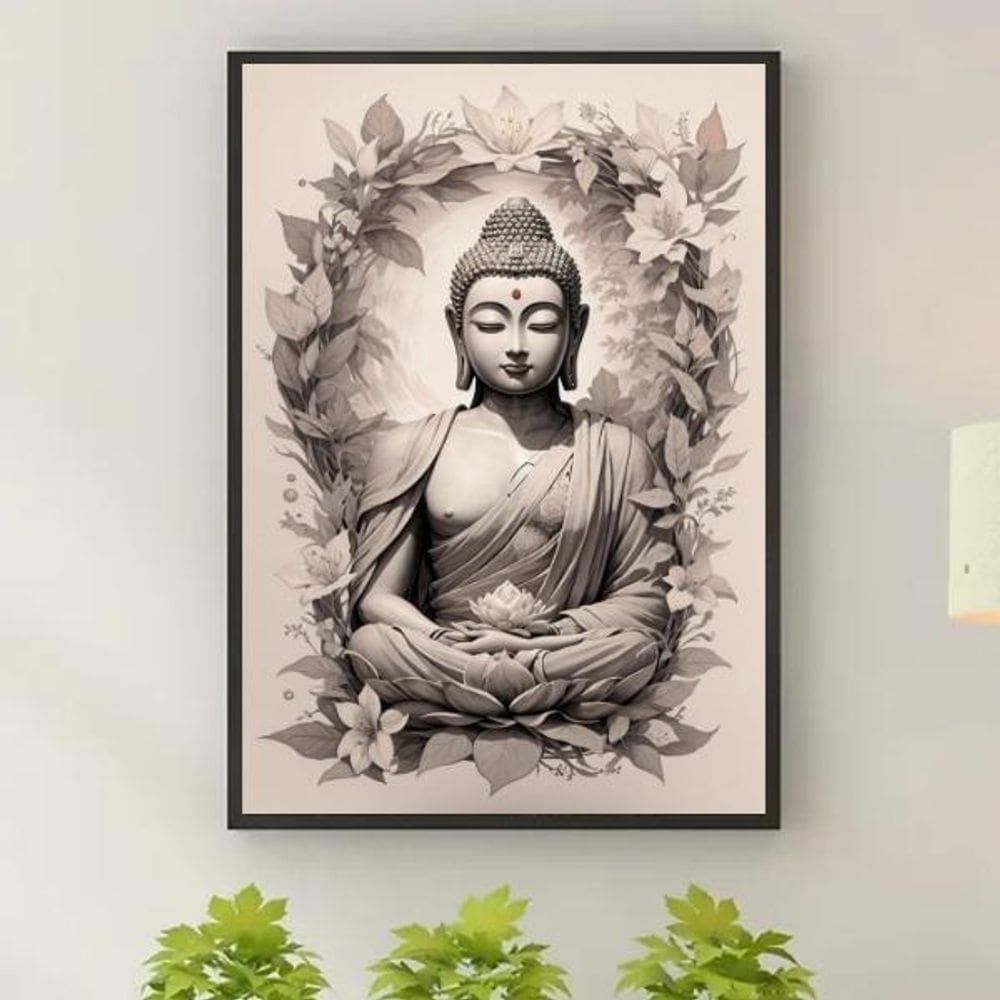 Quadro Decorativo Buda Cinza E Bege 45X34Cm - Com Vidro