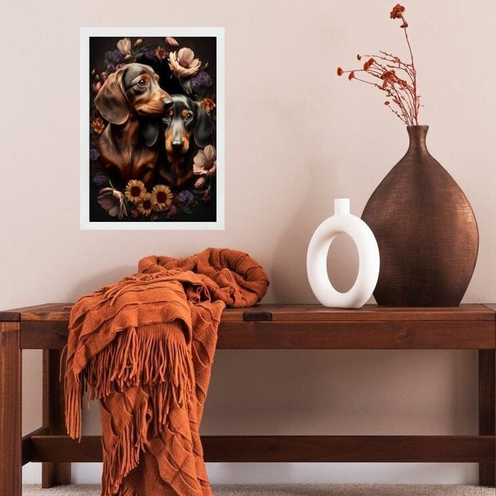 Quadro Dachshunds Entre Flores 33X24Cm - Com Vidro