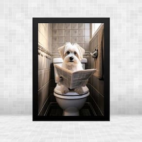 Quadro Banheiro Cão Maltês Lendo Jornal 33X24Cm