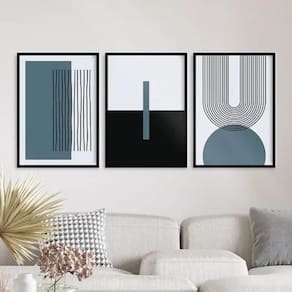 Kit 3 Quadros Abstrato Azul Petróleo Linhas Arcos 24X18Cm