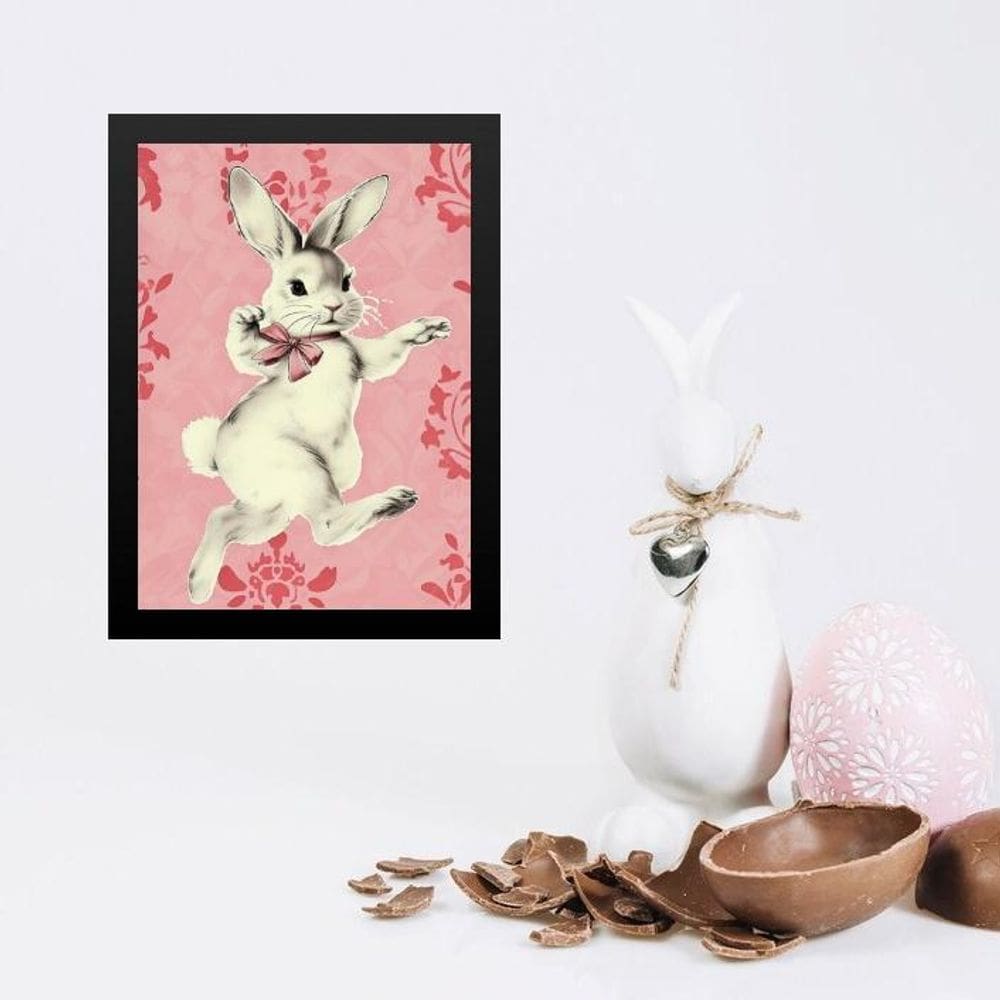 Quadro Coelhinha Vintage Rosa- Laço 24X18Cm - Com Vidro