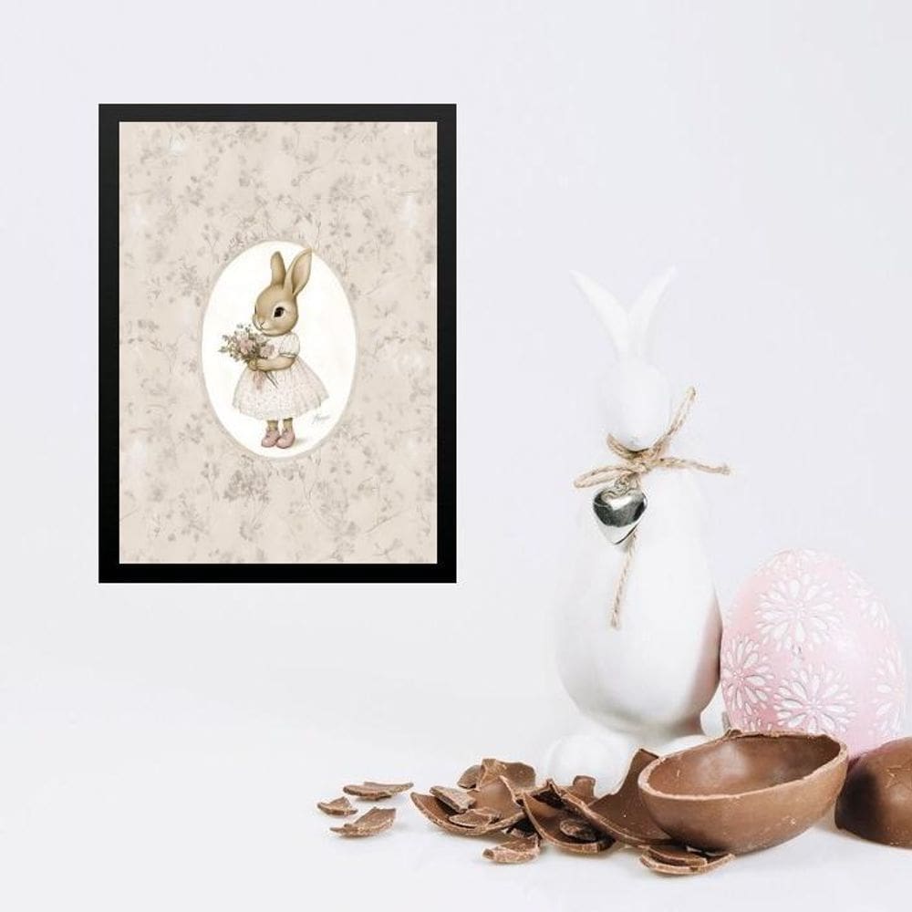 Quadro Coelhinha Fundo Floral Vintage 45X34Cm - Com Vidro