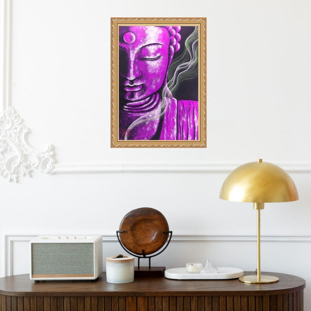 Quadro Moldura Dourada Buda Roxo 33X24Cm