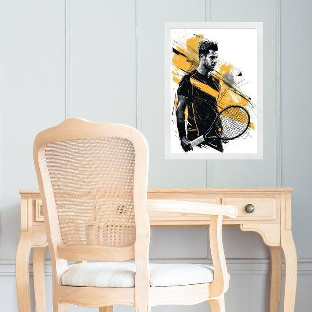 Quadro Arte Homem Tenista - Preto E Amarelo 45X34Cm