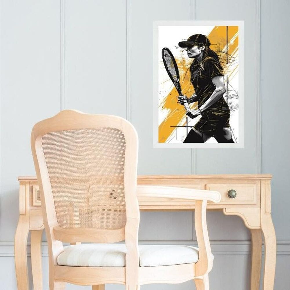 Quadro Arte Mulher Tenista - Preto E Amarelo 24X18Cm - Vidro