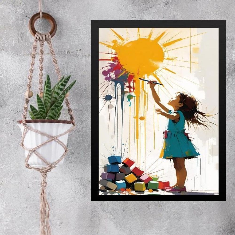 Quadro Decorativo Arte Criança Pintando Sol 33X24Cm - Vidro