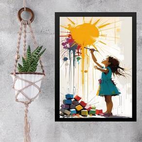Quadro Decorativo Arte Criança Pintando Sol 45X34Cm - Vidro