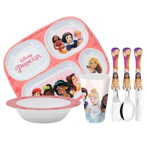 Kit Refeição Infantil Princesas Disney 6 Peças Prato Divisória, Tigela, Copo e Talheres - Tuut