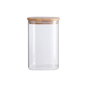 Pote 1,1L De Vidro Flat Com Tampa De Bambu Quadrado