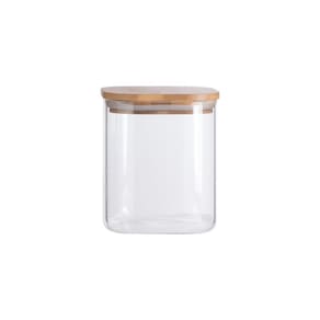 Pote 800Ml De Vidro Flat Com Tampa De Bambu Quadrado