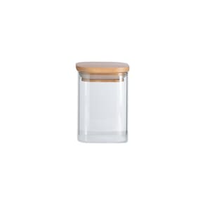 Pote 200Ml De Vidro Flat Com Tampa De Bambu Quadrado