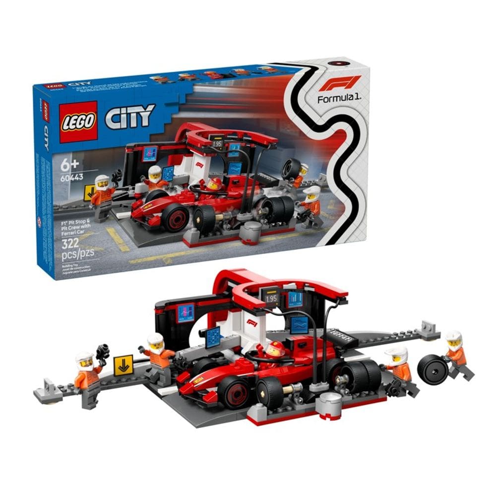 Lego City Pit Stop e Equipe da F1 com Carro Ferrari 60443
