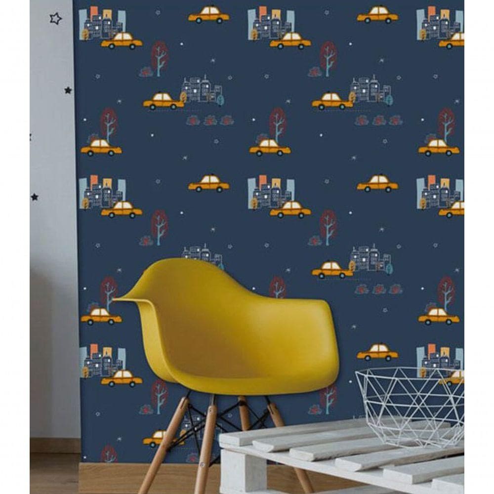 Papel De Parede Fofura Baby Carrinhos Fundo Azul Escuro Ff4008