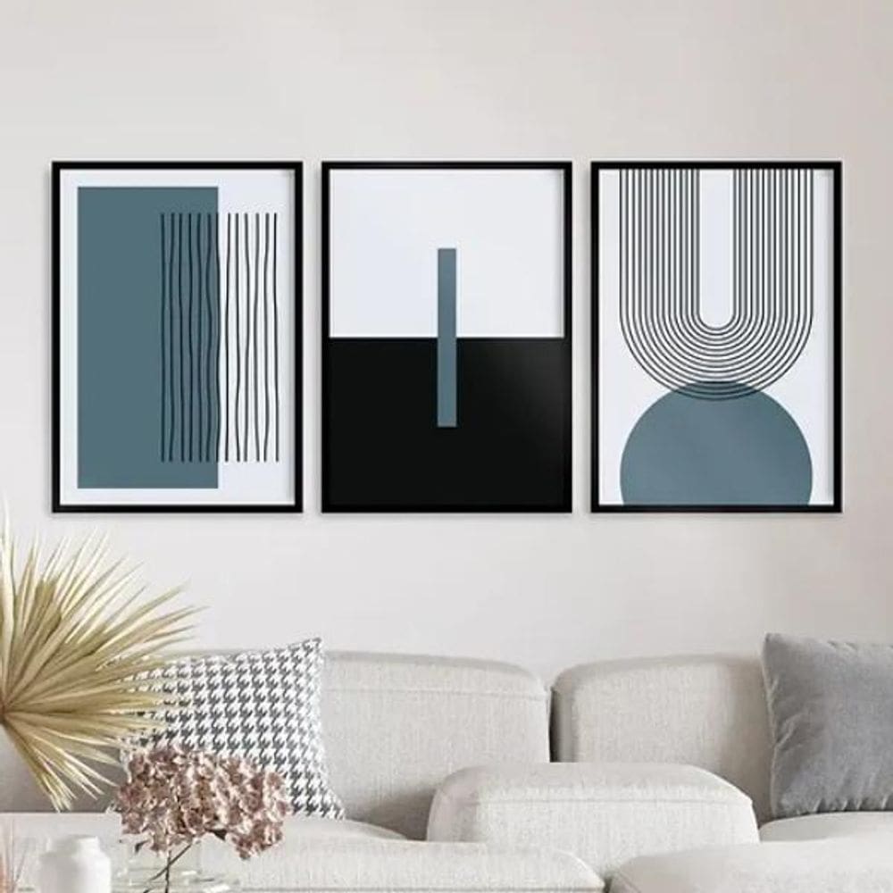 Kit 3 Quadros Abstrato Azul Petróleo Linhas Arcos 33X24Cm