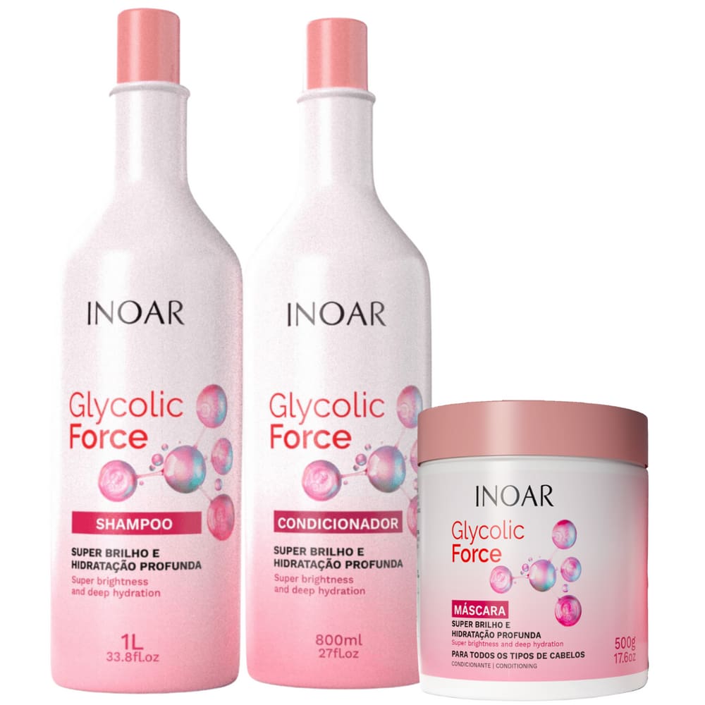 Kit Inoar Glycolic Force Shampoo 1L + Condicionador 800ml + Máscara 500g