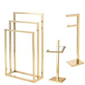 Kit de Acessorios para Banheiro com 3 Peças em Aço Inox Dourado Brilhante Linha Larissa com Toalheiro de Piso Triplo