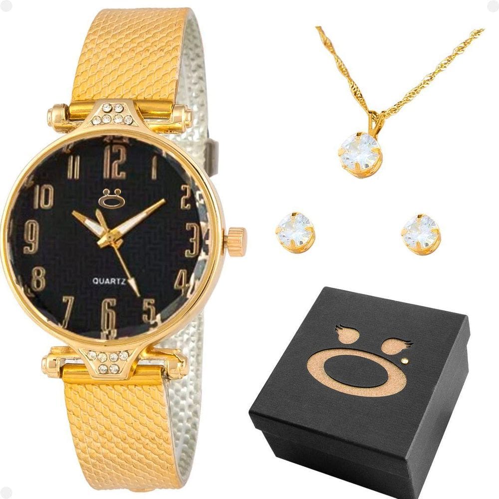 Relógio Feminino Aço Inoxidável + Colar + Brincos Banhados A