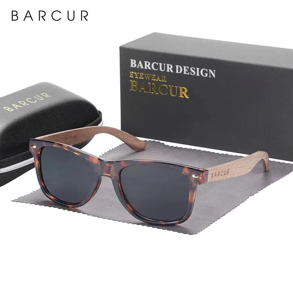Óculos De Sol Barcur Uv400 Polarizado Bambu Leopard Gray