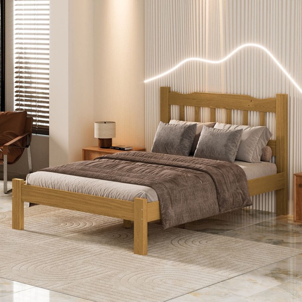 Cama Casal Em Madeira Maciça Perola Reforçada Nogueira