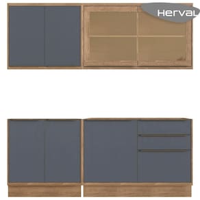 Cozinha Modulada Completa 4 Peças 100% MDF Herval Uno, Grafite e Louro Freijó