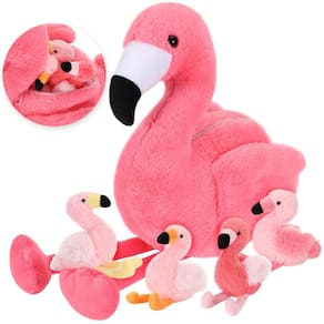 Bicho de pelúcia Skylety Flamingo com 4 bebês de 46 cm com zíper