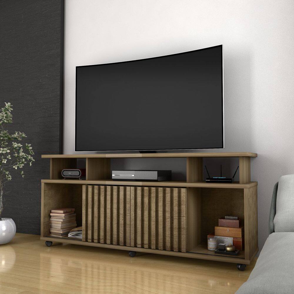 Rack Bancada Sala com Pés de Rodinha e 2 Portas Ripada Dallas 160x72cm Canela