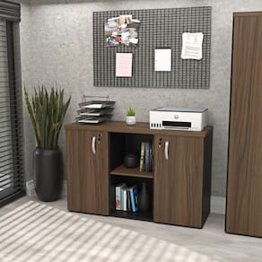 Armário Baixo Credenza com Chave 120x42cm Escritório Nogal/Preto