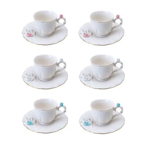 Cj 6 Xícaras P/Café C/Pires de Porcelana Branca Flower Design Plate Colorido 100ml Wolff