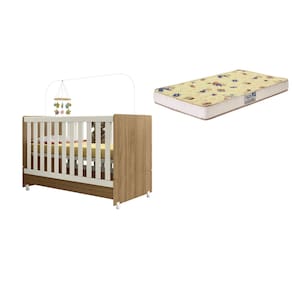 Berço Mini Cama Encanto com Colchão 70x130 e Kit Rodizio Nature/Branco - Peternella