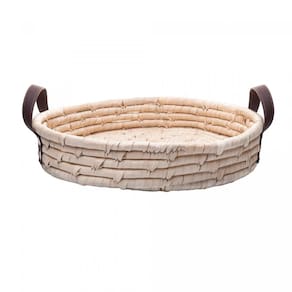 Bandeja Redonda Em Fibra Natural Braid Com Alça Em Couro 36cm Lyor